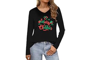 Wayleb T-Shirts de Noël pour Femme Manches Longues Col Rond Haut Tunique Tops Coton avec Motif de Noël S-3XL