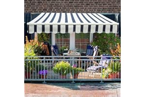 GREEN BAY Greenbay 4 m x 3m DIY Patio Retractable Manual Awning Garden Sun Shade Canopy Blue-White with Fittings and Crank Handle