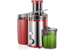 Elettrica Centrifuga Frutta e Verdura, Reemix Estrattore Frutta e Verdura Facile da Pulire, 65 MM Bocca Larga, Acciaio Inox, 2 Velocità, Spazzola & Ricetta (Rosso, 800W)