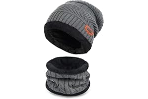 Malaxlx Enfants Bonnet Écharpe Tricoté 2Pcs Ensemble Hiver Chaud Épais Bonnet Tour de Cou avec Doublure Polaire pour Garçons Filles