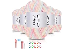 ‎MAXEE Maxee 500g(5×100g) Samtig Babywolle, Samt Chenille Garn mit Häkelwerkzeuge, Kuschelweich Velvet Chenillegarn Flauschige, Weich Plüschwolle Häkelgarn Wolle zum Stricken & Häkeln