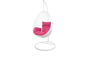 Kideo Swing Chair, Lounge-Möbel, Loungesessel Polyrattan, Hängestuhl, Hängesessel mit Gestell & Kissen (weiß/pink)
