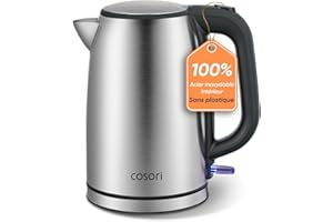 COSORI Bouilloire Électrique en acier inoxydable, 1,7 L, 2200 W, sans plastique au contact de l'eau, technologie Strix, ébullition en 3 minutes, large ouverture, base pivotante à 360°, Noir et Argent