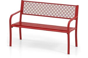 KOMFOTTEU Banc de Jardin pour 2-3 Personnes, Banquette de Parc en Métal, 127 x 59 x 82 cm, Fauteuil de Parc avec Dossier, Charge de 360KG, Assise à Lamelles, pour Balcon, Terrasse (Rouge)