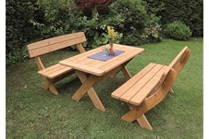 Beauty.Scouts Outdoor Dino Collection Holz-Garnitur Lina, 3er-Set, honigbraun, Nadelholz, Gartenset, Gartensitzset, Tisch, Bänke, Gartenmöbelset, Gartenmöbelkombination