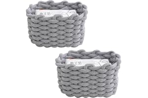 TSQZE 2er Set Aufbewahrungskorb Geflochten Baumwolle Strickkorb, Korb Aufbewahrung Klein Körbchen Wickeltisch Organizer, Dekorative Quadratische Speicher Regalkörbe Für Schminke Socken Spielzeug (Grau)