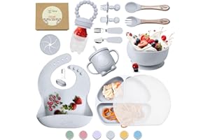 Baby Led Weaning Feeding Supplies for Toddlers, O'doe Baby Feeding Set (17 Pcs) | Suction Silicone Baby Bowl Self Eating Utensils with Fruit Feeder, Cup, Bibs, Food Plate Kit with Lid (Grey V2)