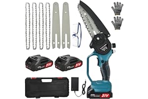 BILIVRY Motosierra Bateria,6 Pulgadas Mini Motosierra Eléctrica,Motosierra Eléctrica Con Batería 2 X 2000mAh, Con 4 Cadenas Y Cierre de Seguridad Para Corte de Ramas