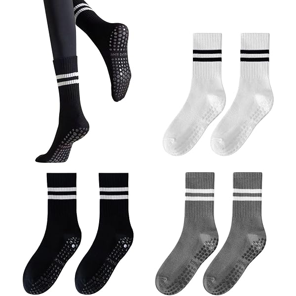 Lot De 4 Paires Chaussettes Antidérapantes Femmes - Pour Yoga, Pilates, Ballet - Semelles Grippy En Coton