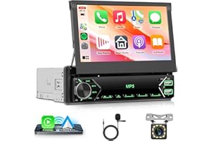 Rimoody Single Din Wireless Carplay Android Auto Car Stereo, 7'' Flip Out Touch Screen Car Radio 1 Din with Bluetooth FM Radio EQ TF/USB/AUX + Rear View Camera
