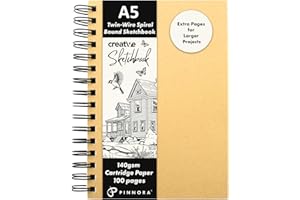 PINNORA Creative A5 Sketchbook (140GSM) - Kraft Hardcover Sketch Book with Thick Cartridge Paper | Twin-Wire Spiral Bound Sketch Pad, A5 Drawing Pad for Sketching - Art Book for All Ages (100 Pages)