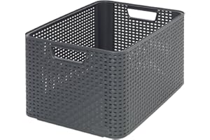 Curver Panier de Rangement Style 30L - Aspect Rotin Texturé - pour Chambre, Salon, Salle de Bain, Buanderie - 44,5x33x24,8 cm - Anthracite - 70% Recyclé