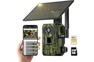 NUASI 4G Cámara de Caza con SIM y 128GB Tarjeta de Memoria, 2.7K Video en Vivo, Solar Cámara de Caza Nocturna para Vigilancia de Vida Silvestre, Tiempo de Activación 0.2s, IP66 Impermeable
