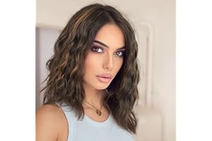 PORSMEER Pelucas pelo natural cabello Marrón corto mezcla rubia de 14 pulgadas peluca longitud de hombro pelucas parte media wavy bob peluca para Mujer diariamente Cosplay Disfraces