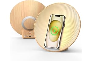 COLSUR Réveil Lumineux, Lampe avec Simulation de Lever du Soleil, De Chevet Tactile, d'Ambiance Chambre Veilleuse, Chargeur Induction 10W, Enceinte Bluetooth, Reveil Simulateur d'aube Snooze - Bois