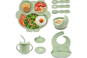 Hovineumoo Set Pappa Svezzamento Bambini Silicone, 9 Pezzi Set Svezzamento Silicone Piatto con Ventosa Ciotola Cucchiaio Bavaglino, Antiscivolo Bimbo Set Prima Pappa per Bambino