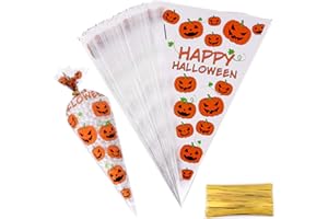 MIAHART 100 Counts Halloween Cone Cellophane Bags Pumpkin Treat Candy Bags with Gold Twist Ties for Halloween Party Favor