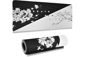 KYSUN Large Black and White Cherry Blossom Mouse Mat with Stitched Edges, Non-Slip Rubber Base for Offering, Office Protector