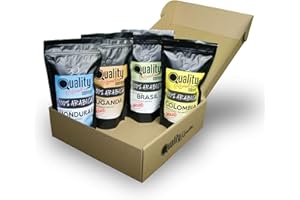 Café moulu par Quality Roasters Coffees. 100% Arabica. Coffret cadeau et dégustation. Mouture fine. 4 Origines : Colombie, Ouganda, Brésil, Honduras. 4 x 250 g. Rôti artisanal.