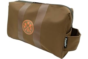 PONETTE - Neceser de Caballero con Asa Lateral en Tejido Marrón con Rayas y Detalle de Rosa de los Vientos en Naranja, Hombre, Bolsa Aseo, Viaje, Cremallera, Gimnasio, Chico, Marca Española