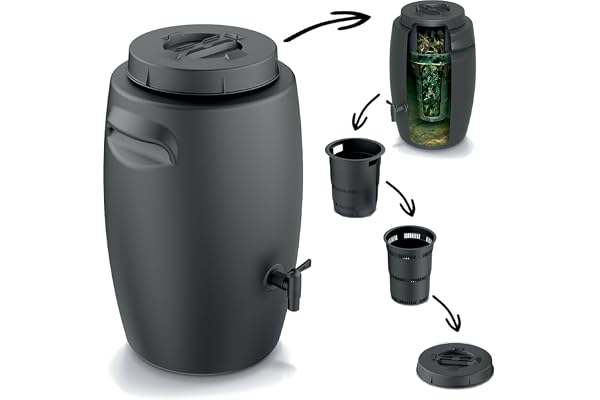 Bac à compost bio pour la production d'engrais avec robinet, 55 l, noir, anthracite, composteur pour déchets biologiques