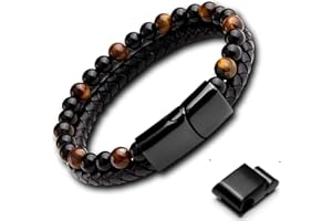 genac Bracelet Original Pour Hommes En Perles De Pierres Naturelles 6mm Et Cuir Véritable Avec Fermoir Magnétique Amovible En Acier Inoxydable Pour Régler Facilement La Longueur.
