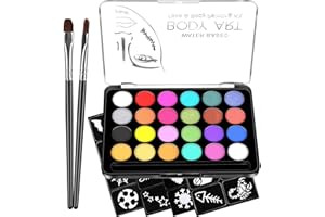 OGIMA Face Paint Kit, Water Based Paints 24 Colors Including 2 Brushes 32 Stencils Face Paints Body Paint Palette Kids Safe Face Painting on Christmas Halloween Facepaint Makeup Birthday Party