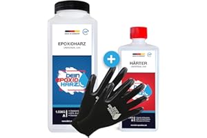 LONGFAIR Resina epossidica con indurente | set GfK da 1,5 kg | qualità professionale trasparente e inodore | resina colata per legno + guanti protettivi