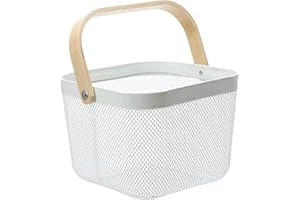 HOJKMA Cesto portaoggetti in acciaio con manico in legno, multifunzionale in filo metallico, ideale per cucina, bagno, dispensa, armadietto, shopping, bianco