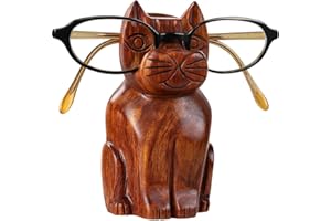 Dugan Hand Carved Solid Wood Cat Eyeglass Holder Stand, Wooden Cat Shaped Spectacle Display Stand for Optical & Sunglasses, Decorative Eyewear Organizer for Desk, Office & Bedside Table