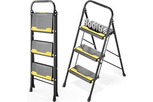 Urackify Scaletta 3 Gradini Pieghevole, Resistente Capacità 150 kg, Ampia Pedata Antiscivolo & Maniglia Sicura Design Compatto, Sgabello Pieghevole Portatile per Casa, Cucina, Ufficio, Dispensa, Nero