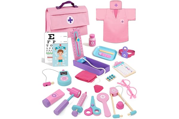 Kids Doctor Set Pink, Toddler Girl Toys 3-5, Wooden Doctor Kit , Pretend Play Medical Set with Stethoscope, Gift for Kids Toddlers Ages 3 4 5 6 Year Old