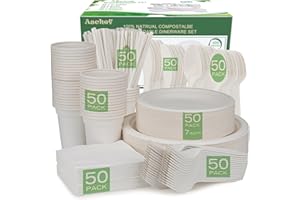 Aschef 400Pcs Assiettes jetable Pas Cher Blanche en Bagasse Bio Vaisselle Tasse Paille Serviette + Fourchette Couteau Cuillère Réutilisable pour Fête de Mariage Soirée Party Camping 50 Invités