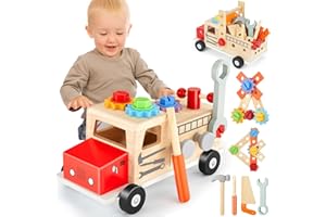 JOEJONI Montessori walizka narzędziowa dla dzieci, stół warsztatowy, zabawka od 3 lat, drewniana zabawka dla dzieci, zabawka dla dzieci, wózek narzędziowy, prezent dla chłopców i dziewczynek od 3, 4,