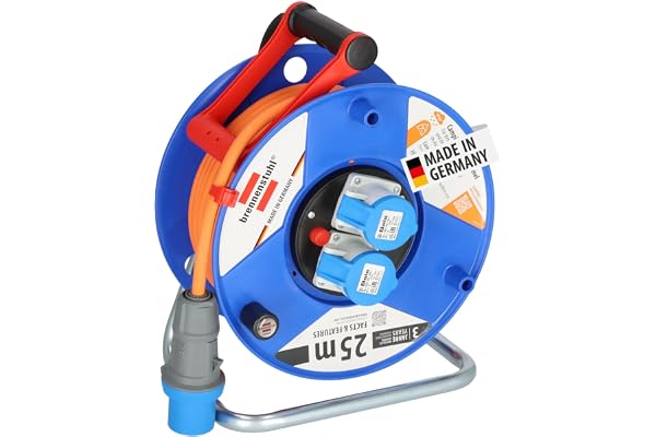 Brennenstuhl CEE 230V campingkabeltrumma (25 m H07RN-F 3G2,5 kabel i orange, husvagnskabeltrumma med 2 CEE-uttag, för kontinuerlig användning utomhus IP44, Made in Germany), 1182760100