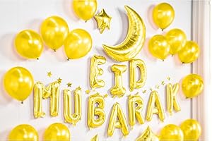 SHOPPERVAL EID by MUBARAK DECORATION - Ballon AID MOUBARAK - Banderole gonflable - 38 PCS – Ruban INCLUS - 5 Tailles De Ballons jusqu'à 90 cm… (OR GOLD)