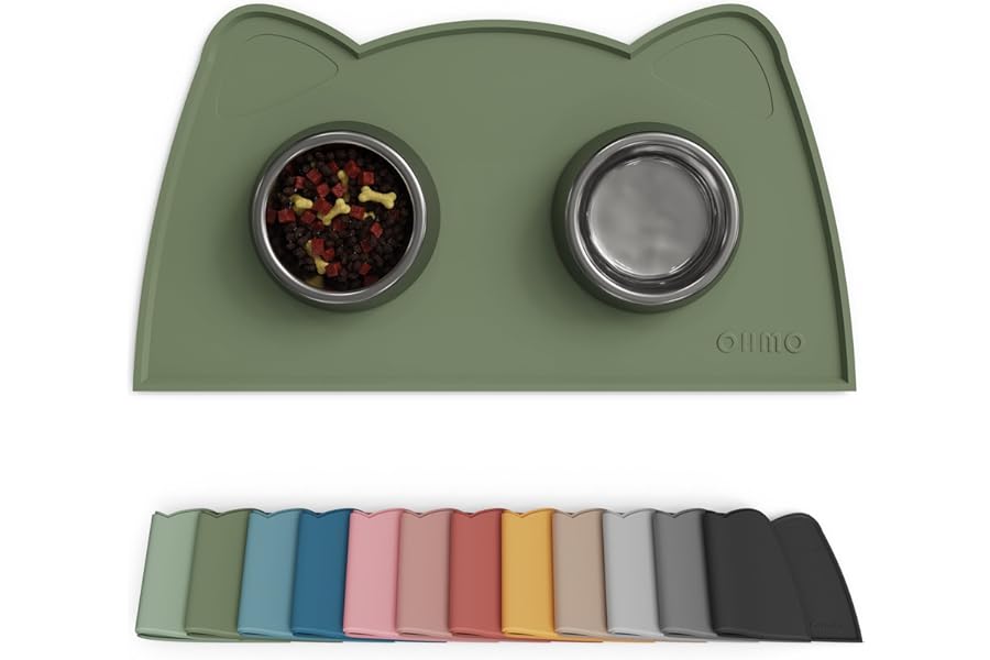 OHMO Cat Food Mat, Silicone Waterproof Dog Food Mat, Non-Skid Spill Proof Pet Feeding Mat for Food and Water, Easy to Clean Dog Placemat(Camouflage Green, 46 * 25cm)
