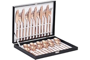 Velaze Juego de Cubiertos Set 48 Piezas de Acero Inoxidable 18/10 Vajilla para 12 Personas, 12 Cuchillo de Mesa, 12 Tenedor, 12 Cuchara, 12 Tenedor Postre - Oro Rosa (E24)