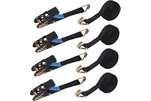 DUBUOZA 4 Pezzi Cinghia Cricchetto, Cinghie di Fissaggio a Cricchetto, Cinghia di Tensionamento a Cricchetto con Gancio, per Traslochi, Carrelli, Bagagli, Campeggio, Fissaggio di Carichi, 6m x 25mm, Nero