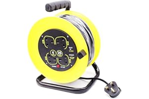 MAENGRE 25 Metres Four Socket Open Cable Reel Extension Lead Garden Outdoor with Winding Handle 13A 4 Socket Thermal Out and Power Switch High Visibility Cable