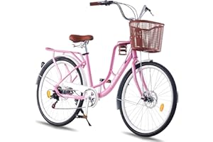LSBIKE Ladies Bike with Basket 24/26in 7 Speed City Bicycle Women Girls Comfort Bike Lightweight Frame Hybrid Disc Brakes with Cupholder Steel Rear Rack Adjustable Handbar and Seat