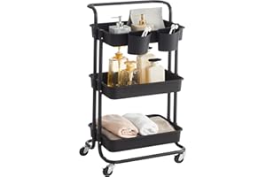 ‎SONGMICS SONGMICS Rollwagen, 3 Ebenen, Servierwagen, Küchenwagen mit Griff, 2 kleine Einhängefächer, 2 Bremsen, Ablagefächer aus Kunststoff, einfacher Aufbau, Schlafzimmer, schwarz BSC067B01
