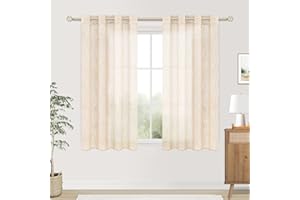 MRTREES Cortinas Dormitorio Cortas Beige 2 Piezas 140x160 CM Cortinas de Lino Translucidas con Ojales, Cortina Moderna para Salon Comedor, Visillo Decorativo para Ventanas