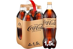 ‎COCA-COLA Coca-Cola Zero Sugar Vanilla - prickelndes, koffeinhaltiges Getränk mit originalem Vanillegeschmack - ohne Zucker und ohne Kalorien - in Einweg Flaschen (4 x 1500 ml)