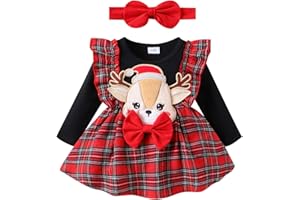ESSECMBS Natale 2Pz Completo Elegante Bimba Vestito Natalizio Neonata Ricamo di Renne con Maniche Lunghe Neonata Abito Elegante Neonata Vestito Principessa Bambina+Fascia