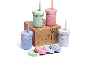 Elk and Friends Edelstahlbecher | Einmachglas 284 ml | Kinder- und Kleinkindbecher mit Silikonhüllen & Silikon-Trinkhalmen mit Stopper | Schnabelbecher, auslaufsichere Becher für Kinder