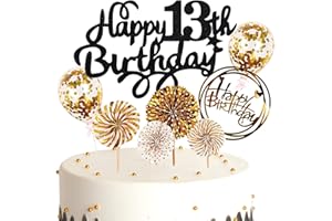 Cymeosh Tortendeko 13. Geburtstag Mädchen Jungen, Kuchen Topper Happy 13th Birthday Schwarz Gold, Glitzer Kuchen Deko Geburtstag Ballon Konfetti für Geburtstagstorte Deko 13 Jahre Kinder