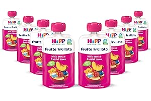 HiPP - Frutta Frullata Bio per Bambini, Purea 100% Frutta al Gusto Mela, Pesca e Frutti di Bosco, Senza Zuccheri Aggiunti, 8 Confezioni da 90 g