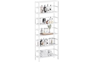 HITNET White Bookshelf, 6-Tier Adjustable Tall Bookcase, Bamboo Book Shelf Organizer, Free Standing Storage Shelving Unit, Display Flower Plant Stand for Small Spaces
