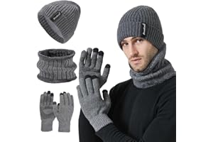 FUBABCO Set Invernale: Cappello, Sciarpa ad Anello e Guanti Touchscreen - Fodera in Pile, Beanie in Maglia, Guanti Termici - 3 Pezzi per Uomo